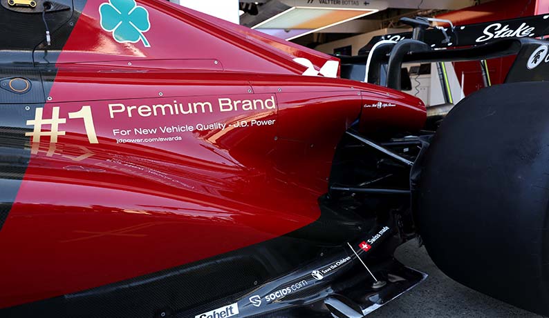 Alfa Romeo F1 Team C43 JD power branding.
Formula 1 World Championship, Rd 11, British Grand Prix, Friday 7th July 2023. Silverstone, England.